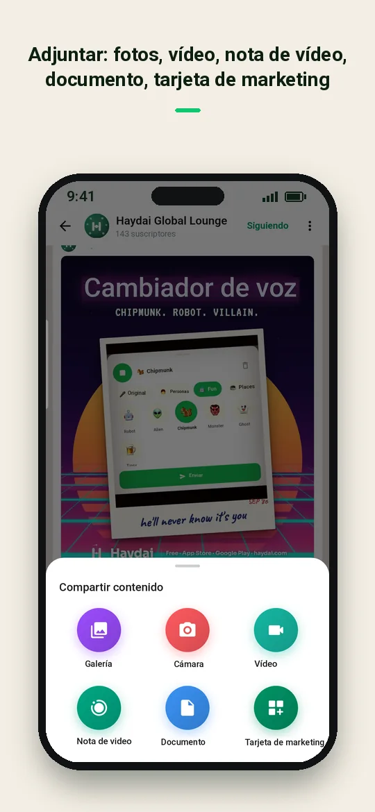Adjuntar: fotos, vídeo, nota de vídeo, documento, tarjeta de marketing — Haydai