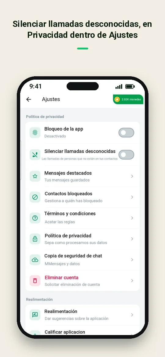 Silenciar llamadas desconocidas, en Privacidad dentro de Ajustes — Haydai