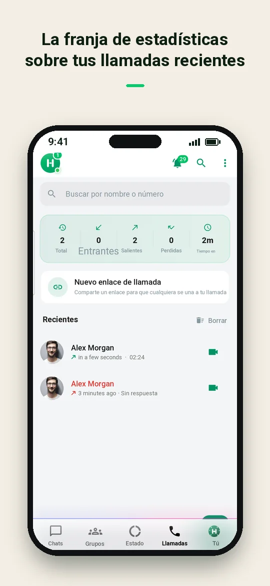 La franja de estadísticas sobre tus llamadas recientes — Haydai