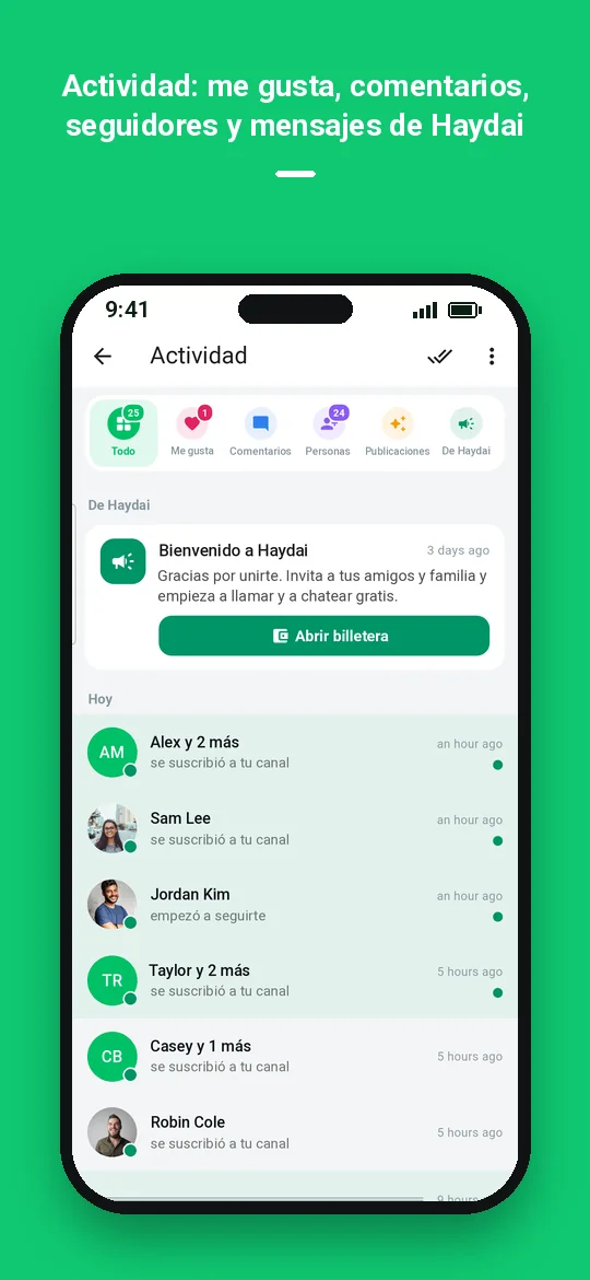Actividad: me gusta, comentarios, seguidores y mensajes de Haydai — Haydai