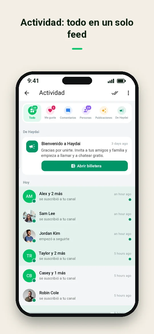 Actividad: todo en un solo feed — Haydai