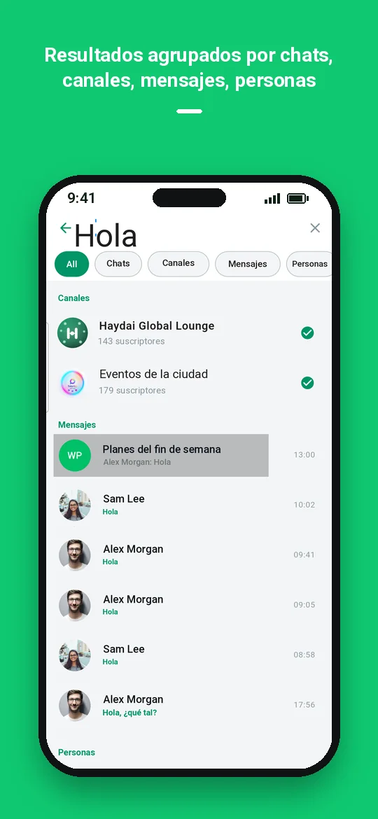 Resultados agrupados por chats, canales, mensajes, personas — Haydai