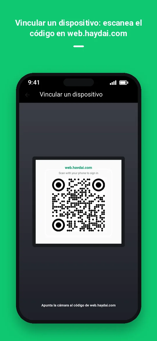 Vincular un dispositivo: escanea el código en web.haydai.com — Haydai