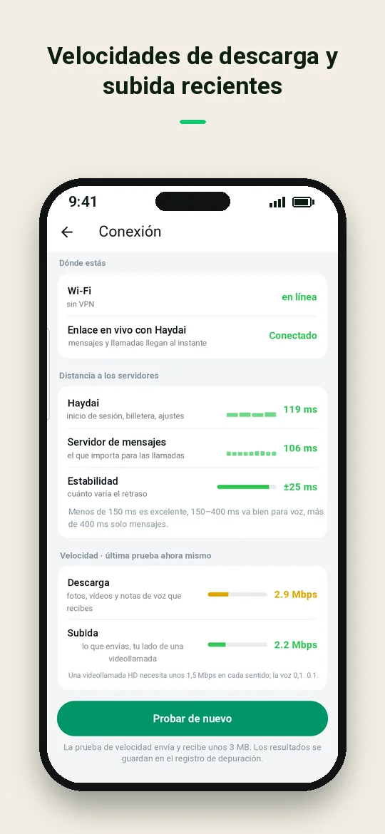 Velocidades de descarga y subida recientes — Haydai