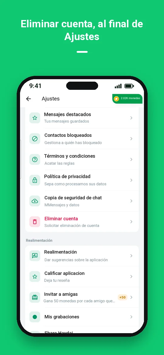 Eliminar cuenta, al final de Ajustes — Haydai