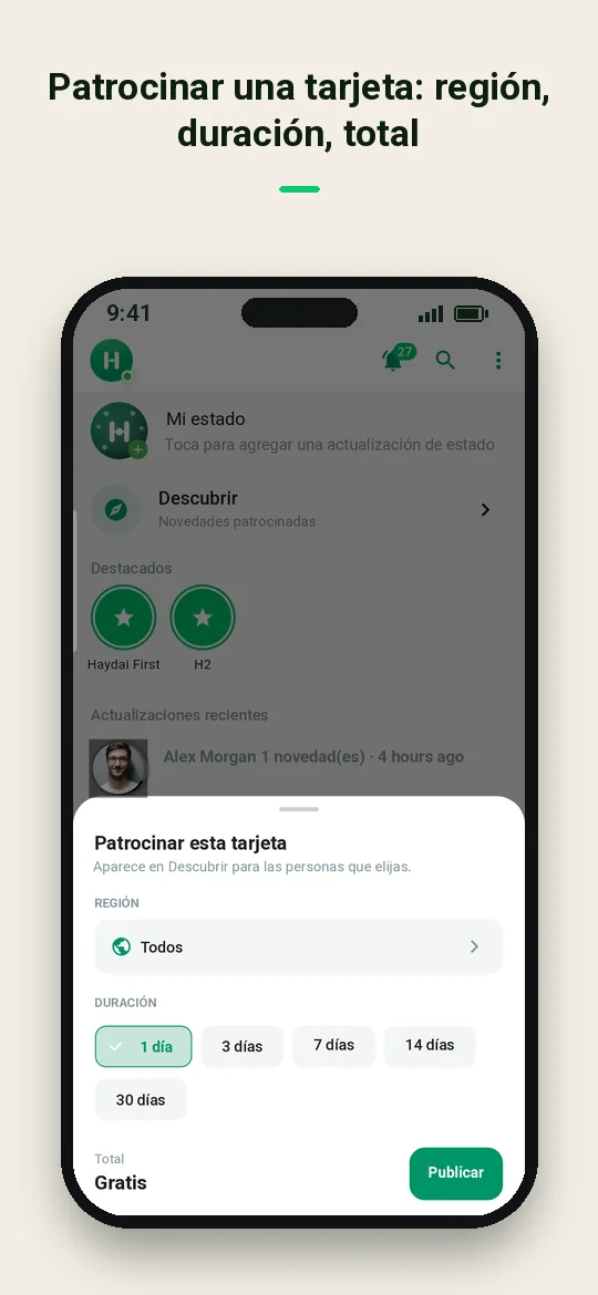 Patrocinar una tarjeta: región, duración, total — Haydai
