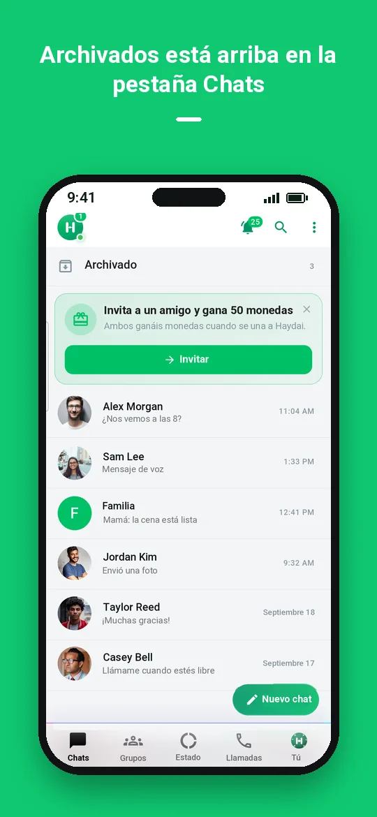 Archivados está arriba en la pestaña Chats — Haydai