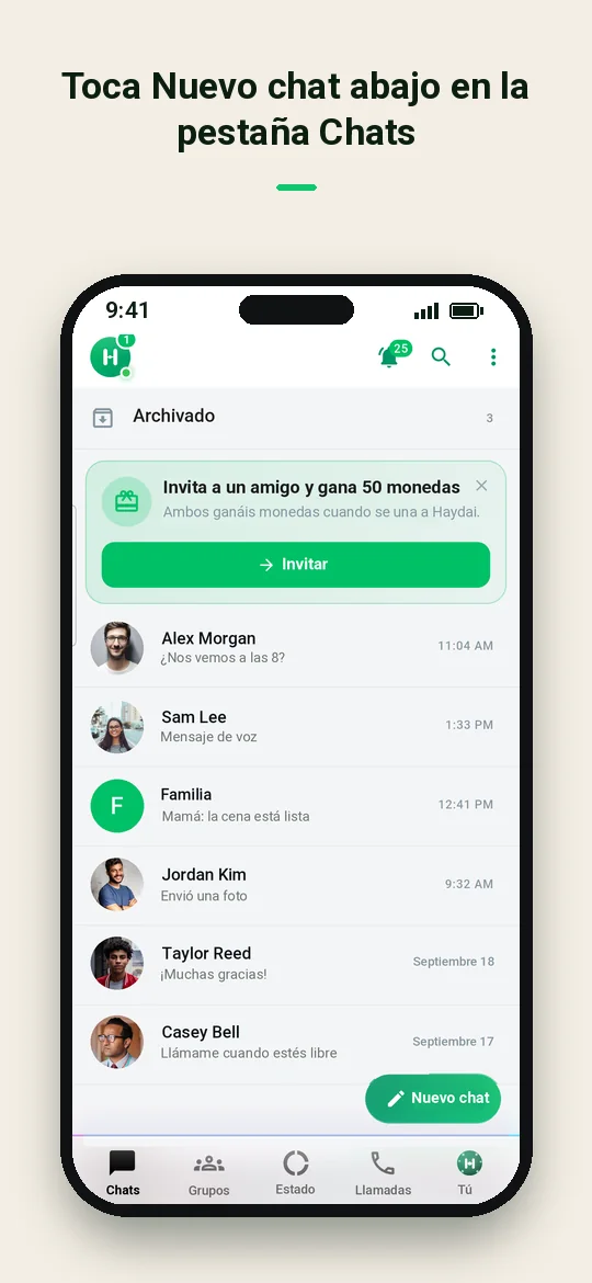 Toca Nuevo chat abajo en la pestaña Chats — Haydai