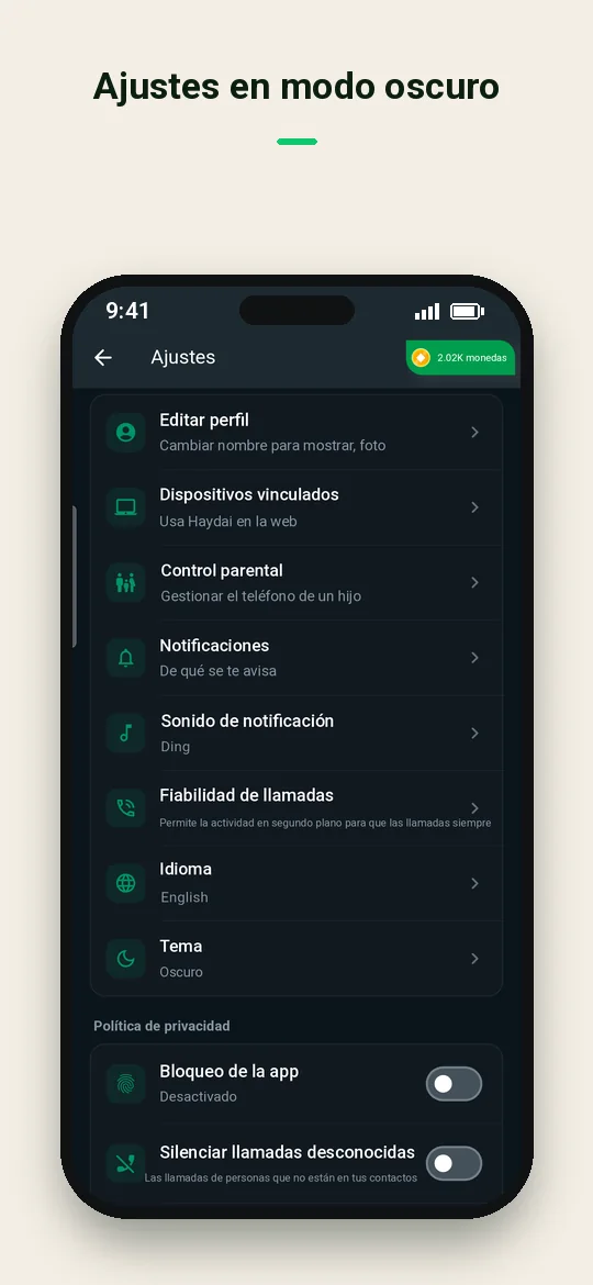 Ajustes en modo oscuro — Haydai