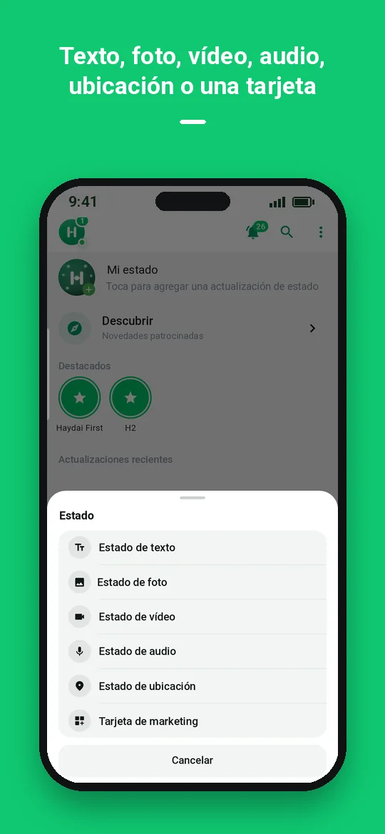 Texto, foto, vídeo, audio, ubicación o una tarjeta — Haydai