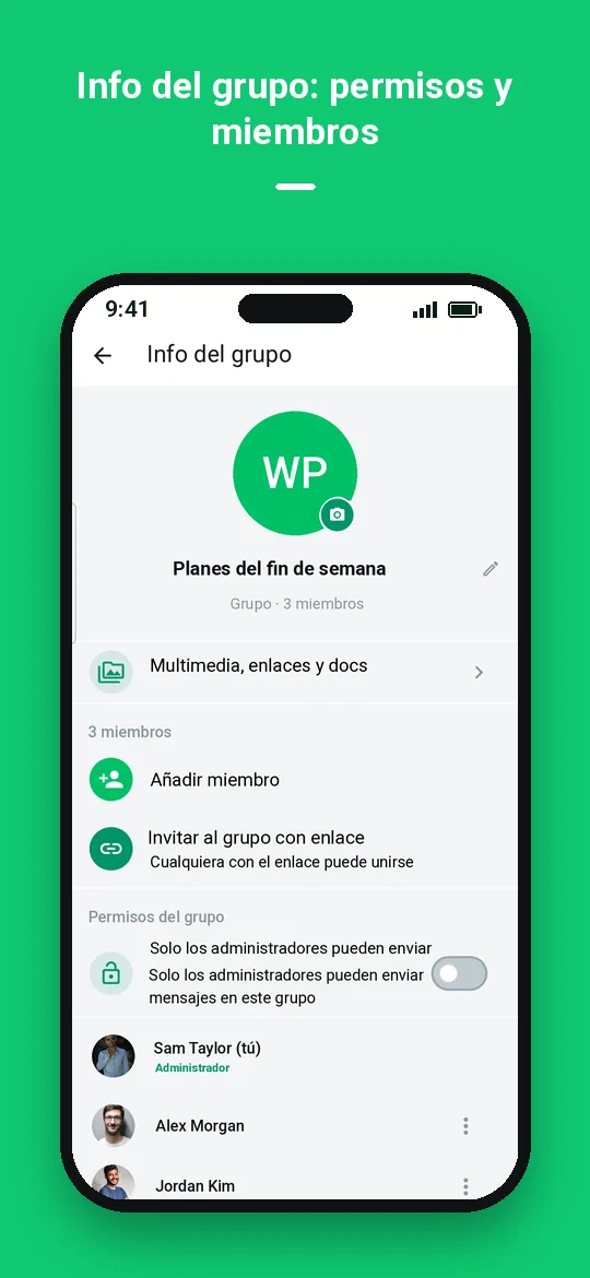 Info del grupo: permisos y miembros — Haydai