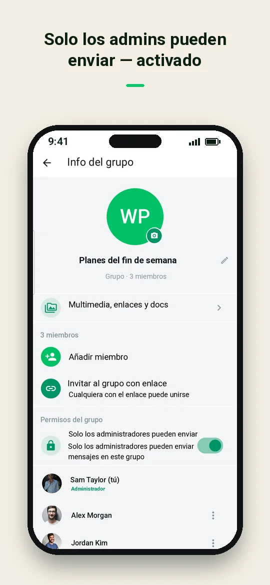 Solo los admins pueden enviar — activado — Haydai