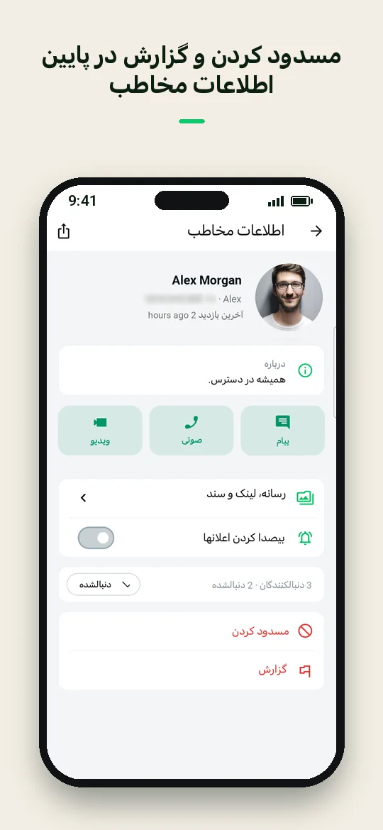 مسدود کردن و گزارش در پایین اطلاعات مخاطب — Haydai