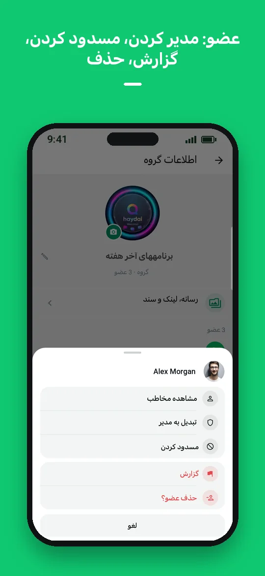 عضو: مدیر کردن، مسدود کردن، گزارش، حذف — Haydai