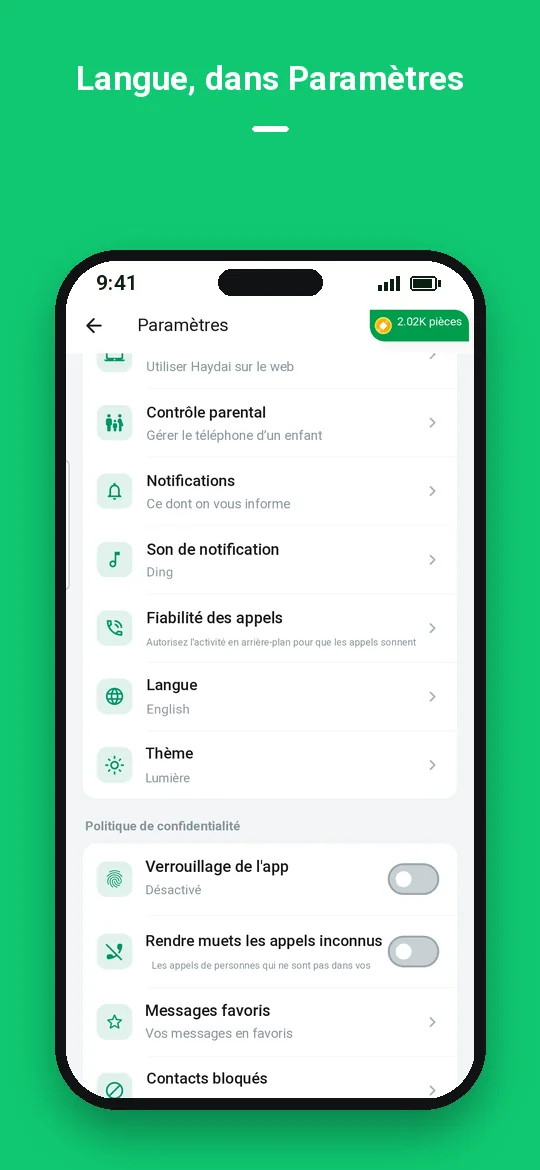 Langue, dans Paramètres — Haydai