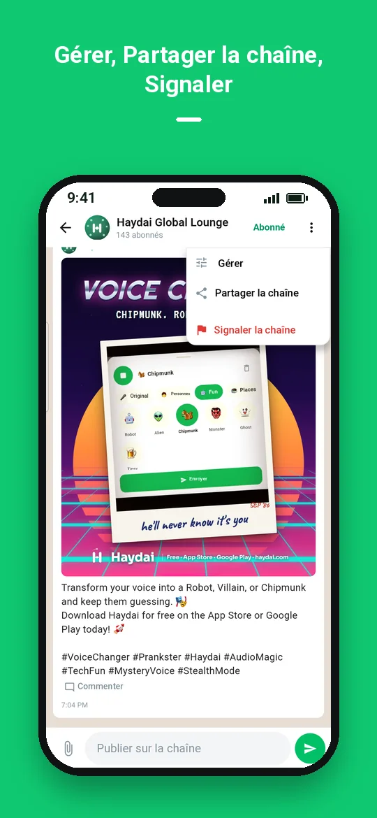Gérer, Partager la chaîne, Signaler — Haydai