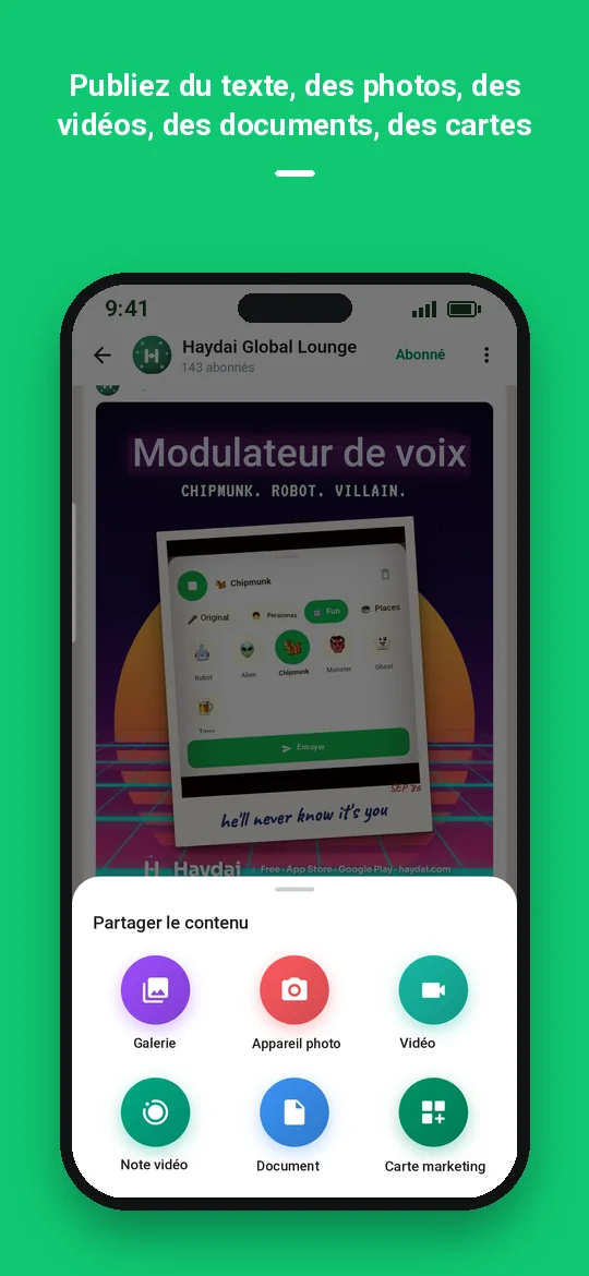 Publiez du texte, des photos, des vidéos, des documents, des cartes — Haydai