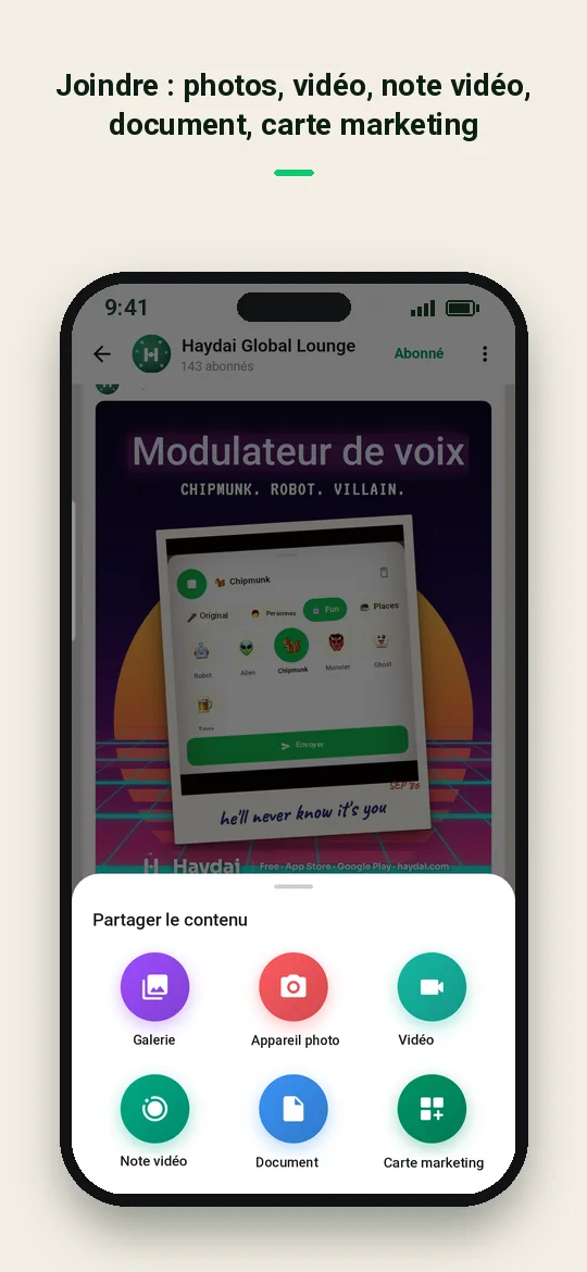 Joindre : photos, vidéo, note vidéo, document, carte marketing — Haydai