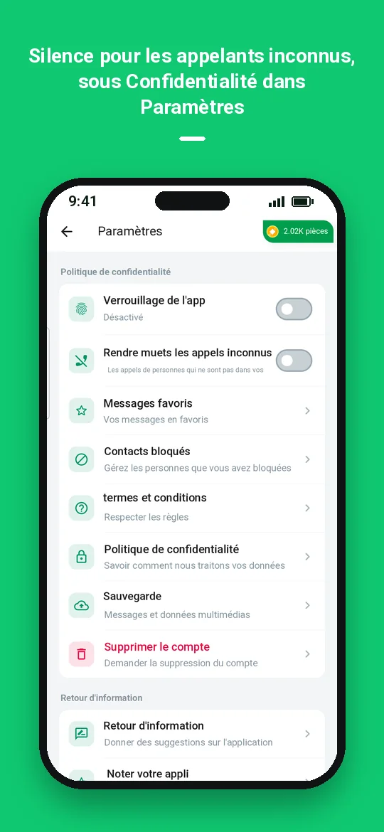 Silence pour les appelants inconnus, sous Confidentialité dans Paramètres — Haydai