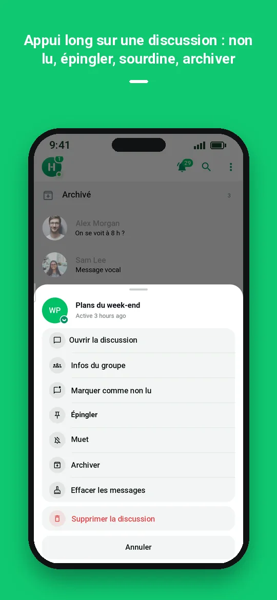 Appui long sur une discussion : non lu, épingler, sourdine, archiver — Haydai