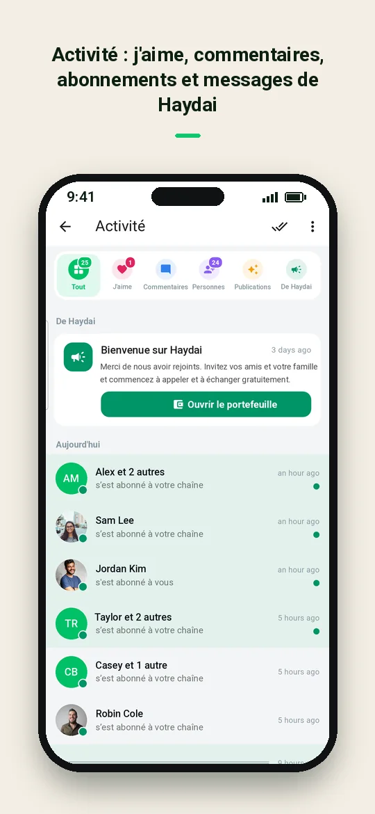 Activité : j'aime, commentaires, abonnements et messages de Haydai — Haydai