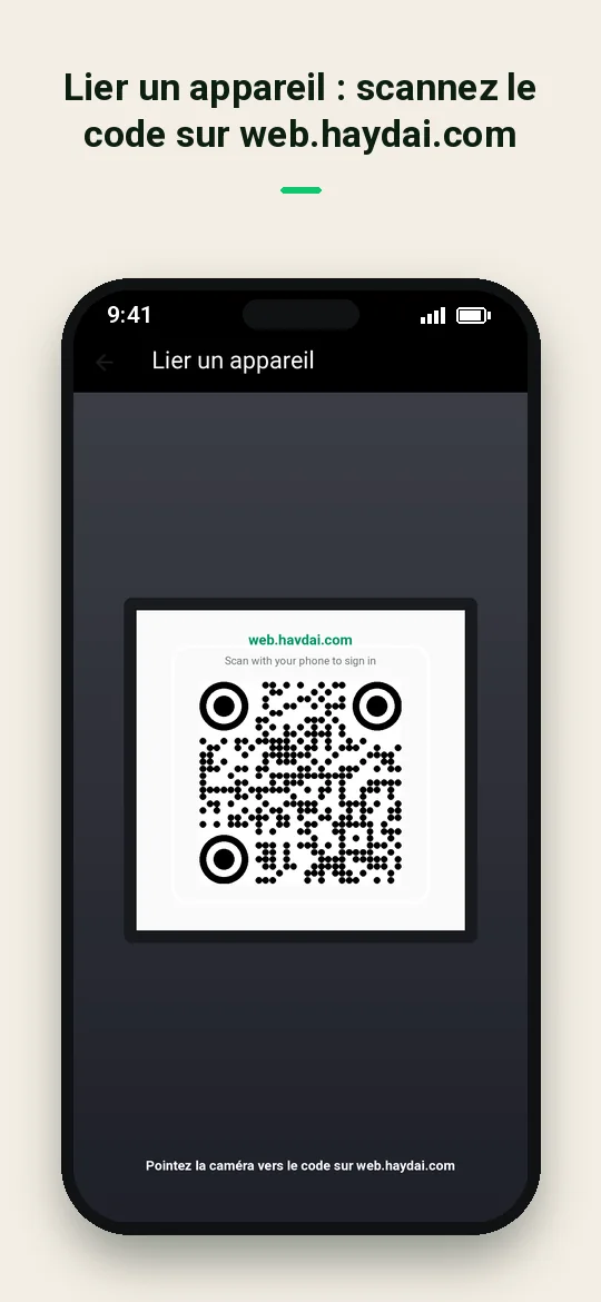 Lier un appareil : scannez le code sur web.haydai.com — Haydai