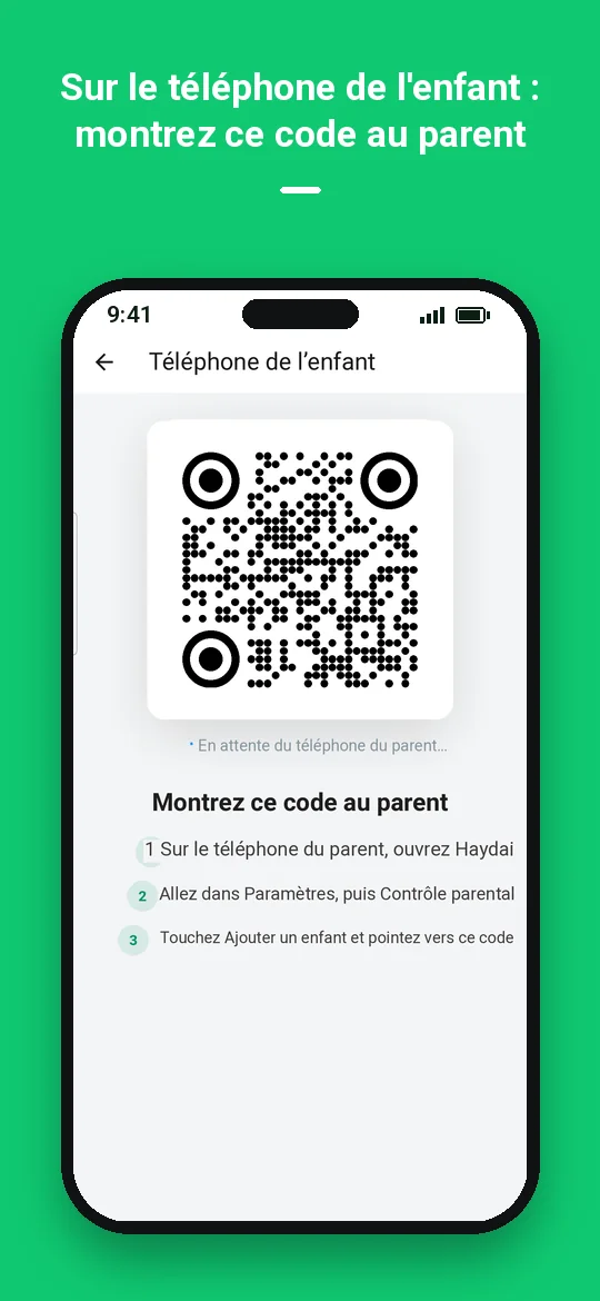 Sur le téléphone de l'enfant : montrez ce code au parent — Haydai
