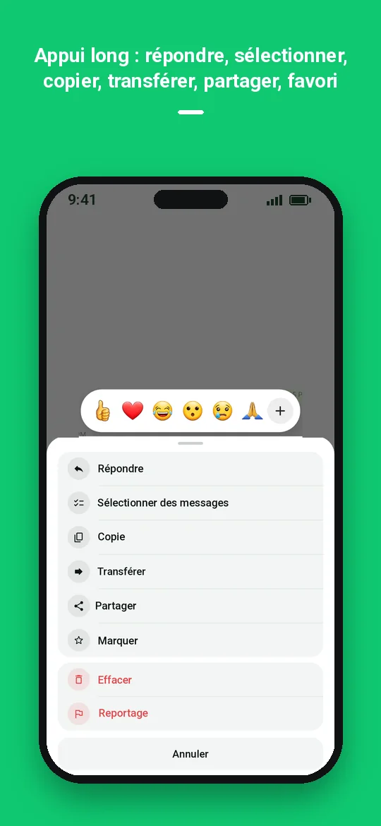 Appui long : répondre, sélectionner, copier, transférer, partager, favori — Haydai