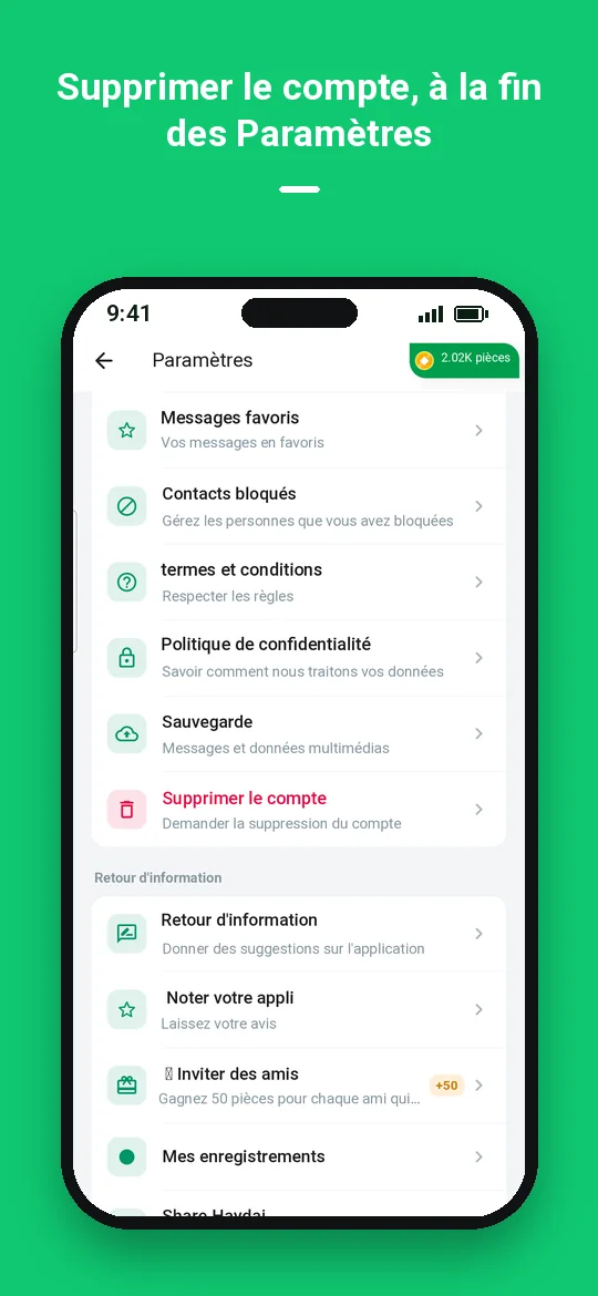 Supprimer le compte, à la fin des Paramètres — Haydai