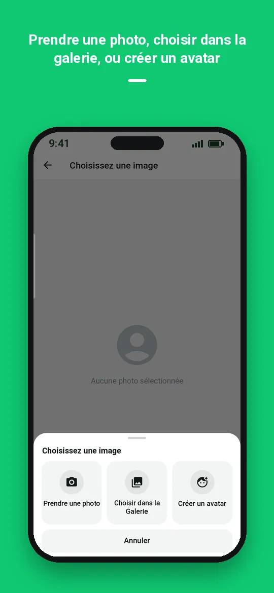 Prendre une photo, choisir dans la galerie, ou créer un avatar — Haydai