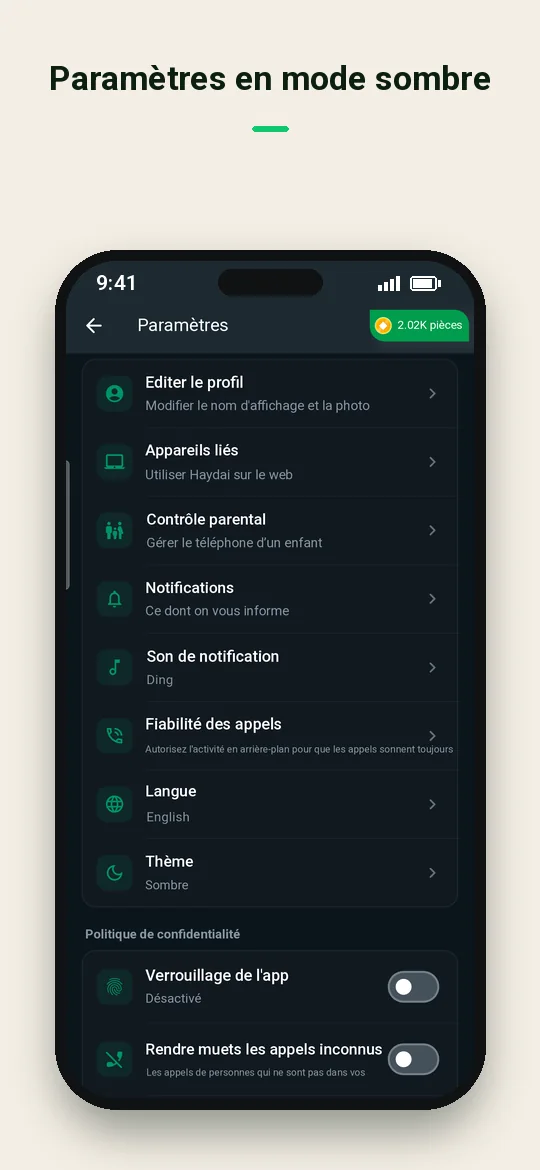 Paramètres en mode sombre — Haydai