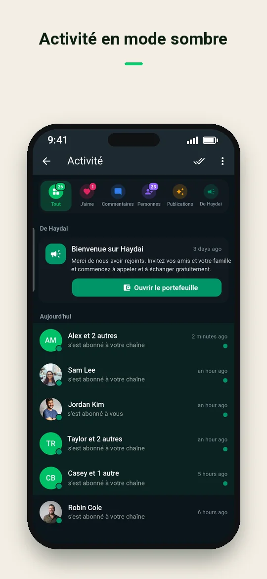 Activité en mode sombre — Haydai