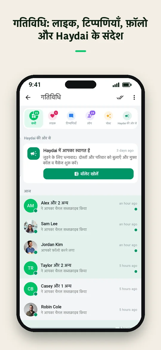 गतिविधि: लाइक, टिप्पणियाँ, फ़ॉलो और Haydai के संदेश — Haydai