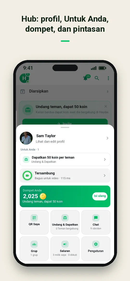 Hub: profil, Untuk Anda, dompet, dan pintasan — Haydai