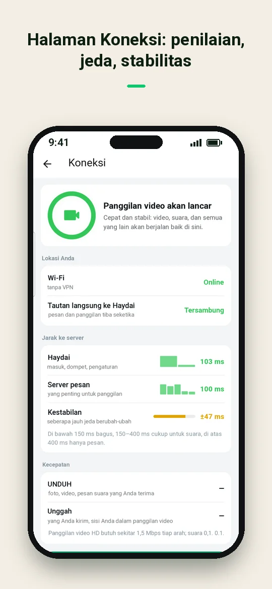 Halaman Koneksi: penilaian, jeda, stabilitas — Haydai