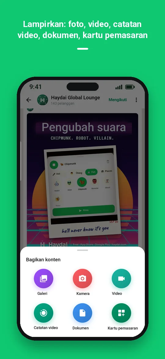 Lampirkan: foto, video, catatan video, dokumen, kartu pemasaran — Haydai
