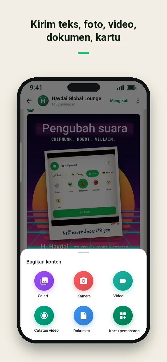 Kirim teks, foto, video, dokumen, kartu — Haydai