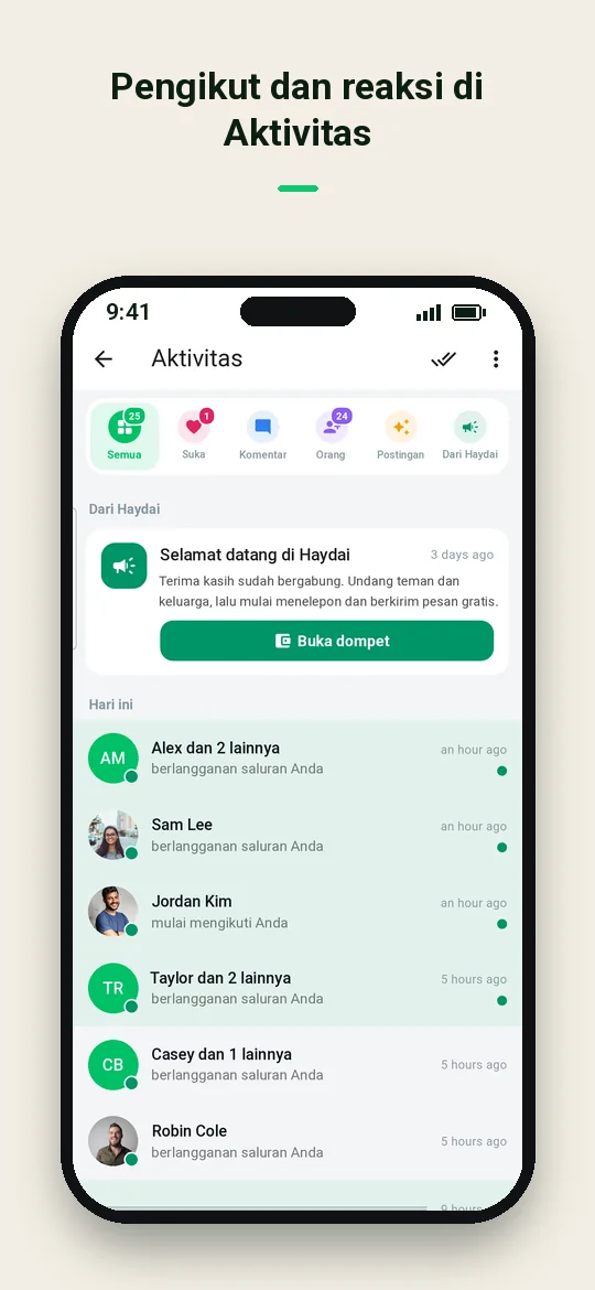 Pengikut dan reaksi di Aktivitas — Haydai
