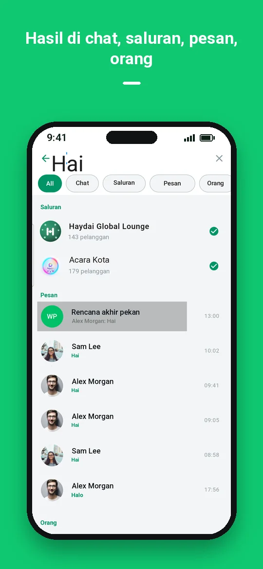 Hasil di chat, saluran, pesan, orang — Haydai