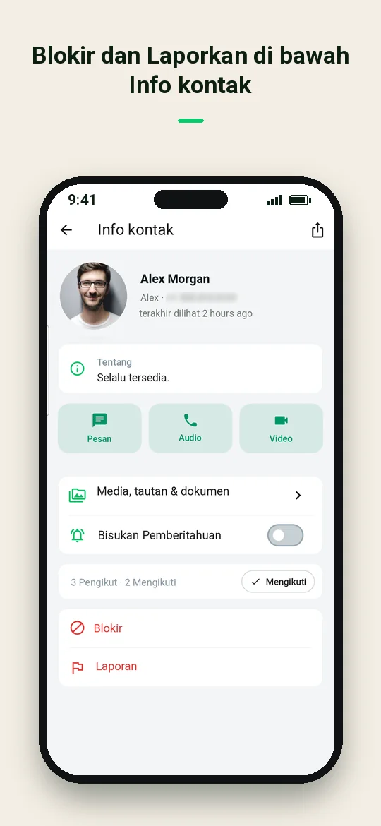 Blokir dan Laporkan di bawah Info kontak — Haydai