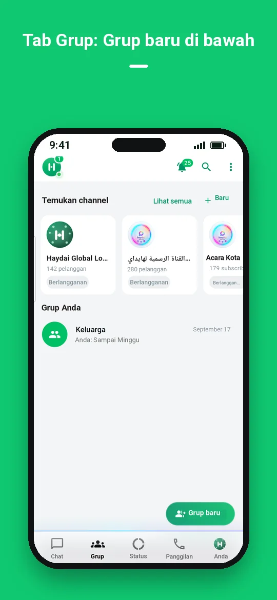 Tab Grup: Grup baru di bawah — Haydai