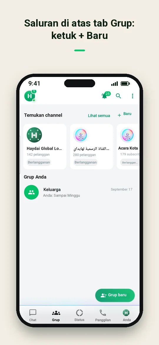 Saluran di atas tab Grup: ketuk + Baru — Haydai