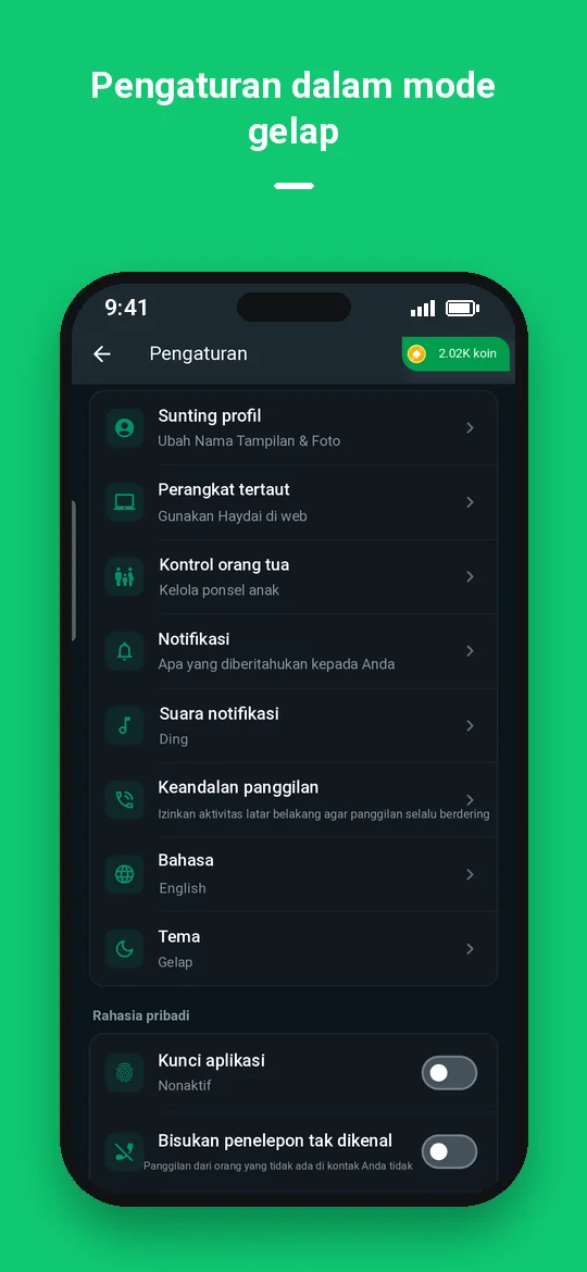 Pengaturan dalam mode gelap — Haydai