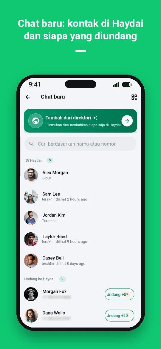 Chat baru: kontak di Haydai dan siapa yang diundang — Haydai