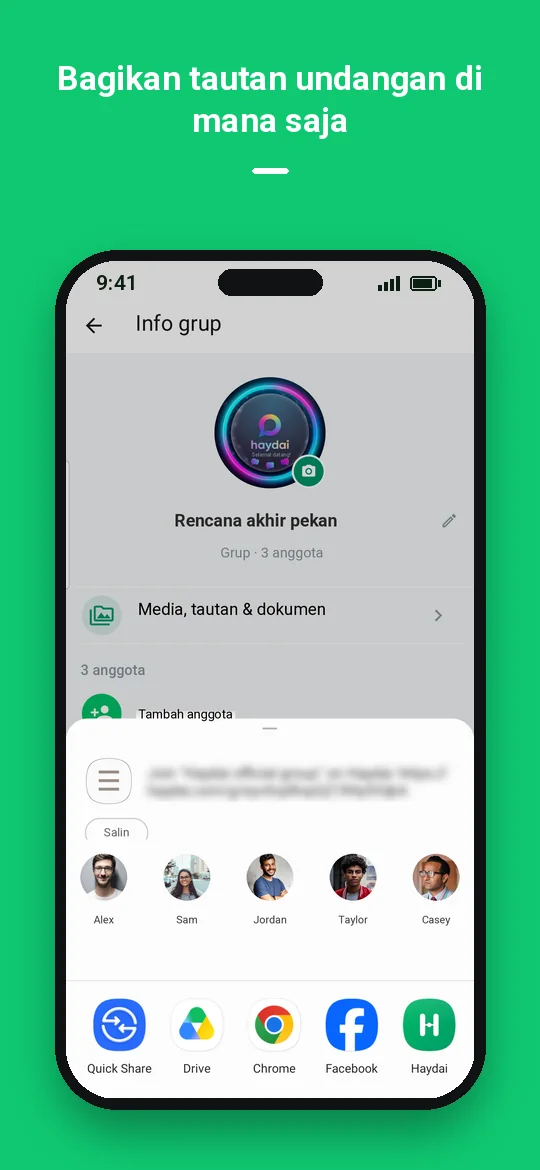 Bagikan tautan undangan di mana saja — Haydai