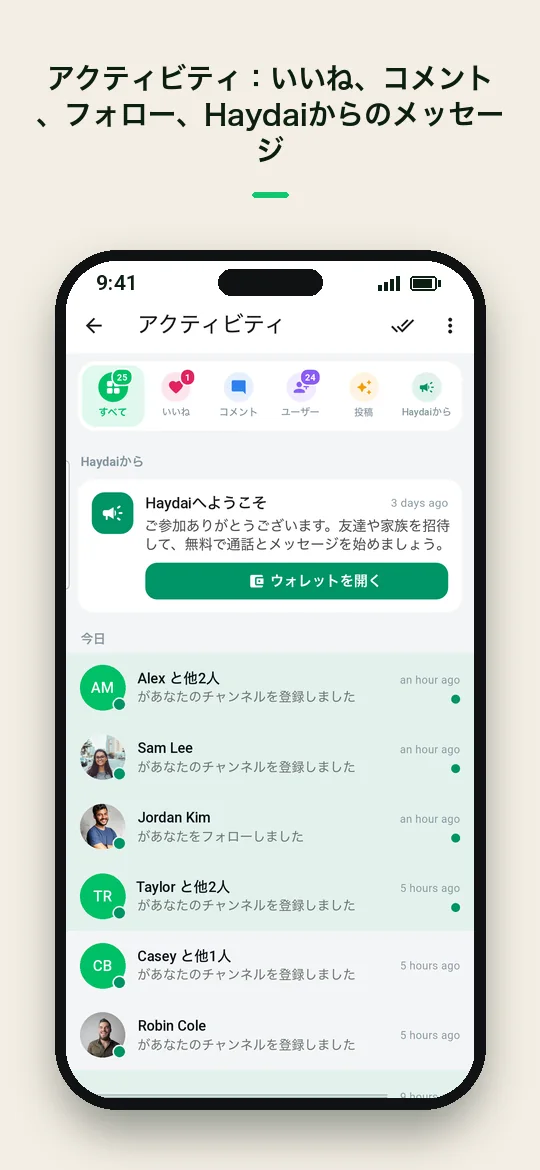 アクティビティ：いいね、コメント、フォロー、Haydai からのメッセージ — Haydai