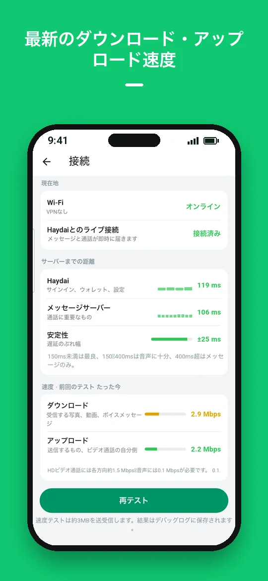 最新のダウンロード・アップロード速度 — Haydai
