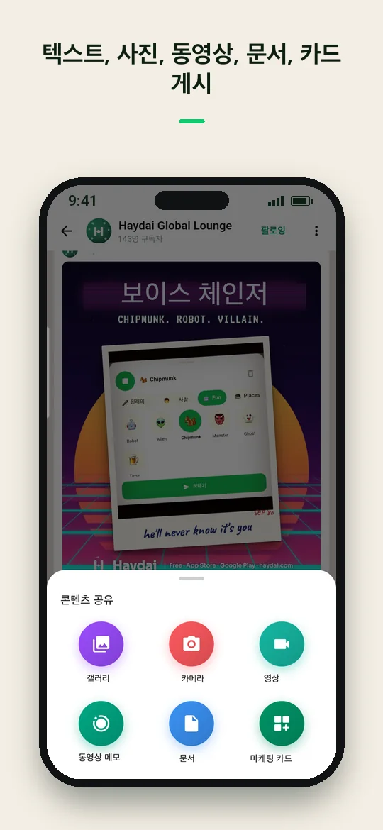 텍스트, 사진, 동영상, 문서, 카드 게시 — Haydai