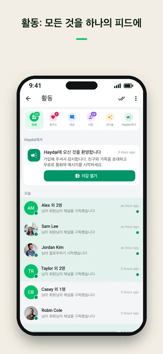 활동: 모든 것을 하나의 피드에 — Haydai