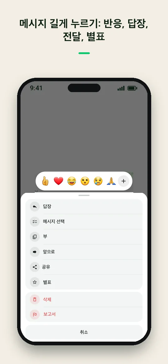 메시지 길게 누르기: 반응, 답장, 전달, 별표 — Haydai